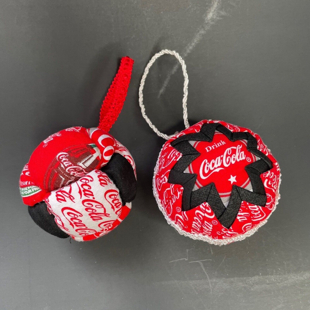 Vintage Cloth Christmas Ornaments Hand Sewn Stuffed Coca Cola Quilted Red Coke
